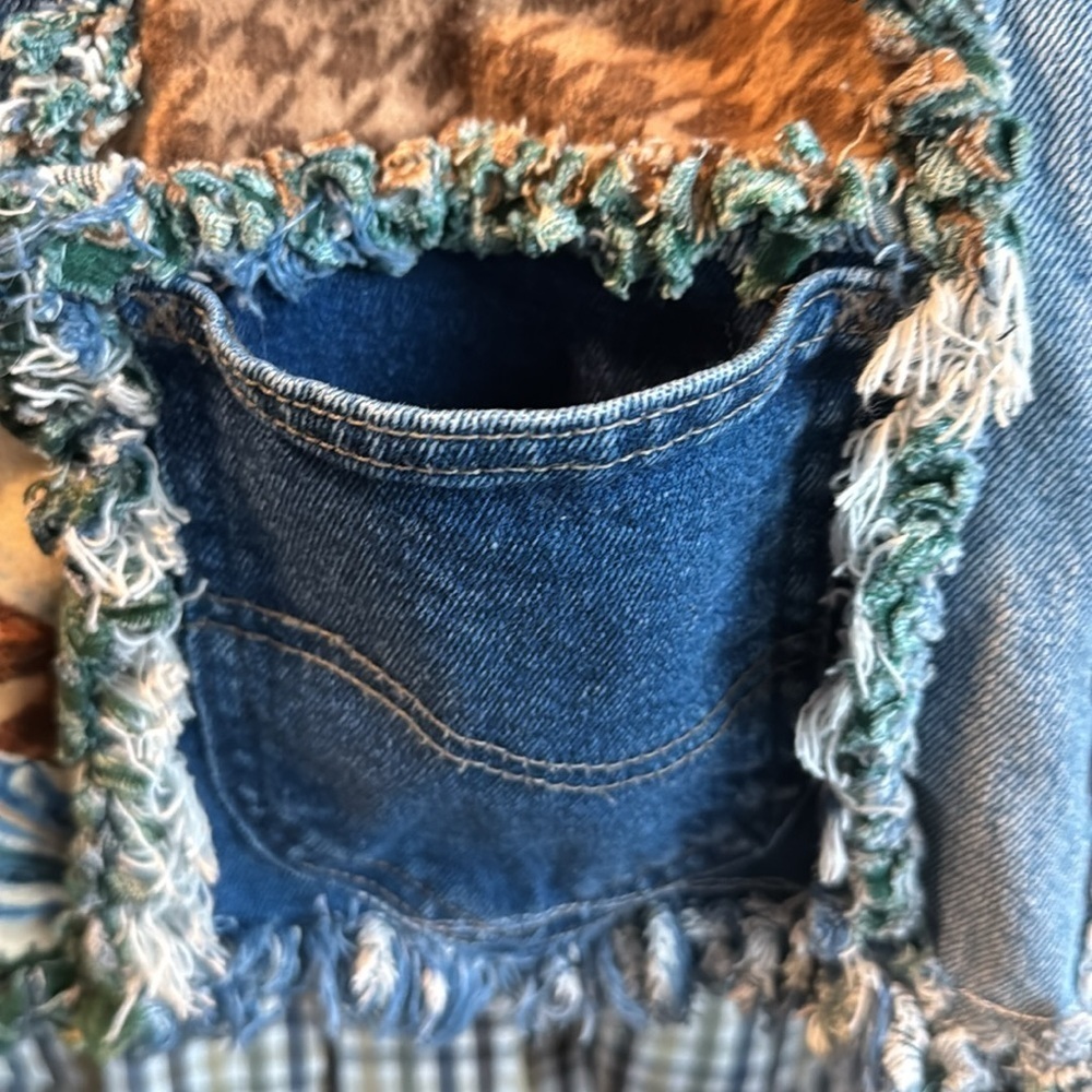 Boho Western Hand Crafted Denim Fringe Patchwork Jacket Coat Womens S-L Quirky - Picture 12 of 16